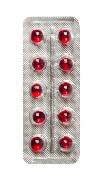 Pillole Rosse Confezione Isolata Sfondo Bianco — Foto Stock