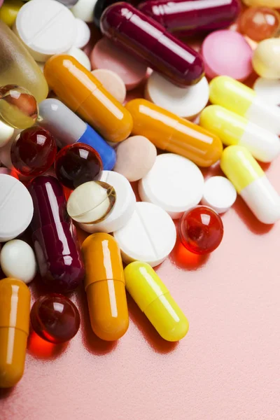 Colorful Pills Capsules Red Background — Stock Photo, Image