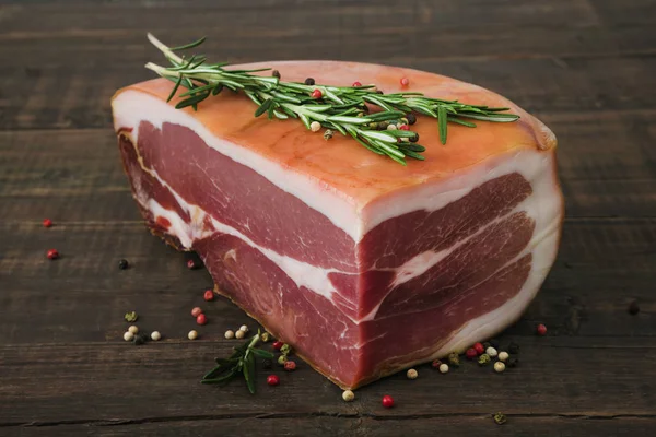 Delicious Smoked Ham Wooden Table Rosemary Pepper — Stock Photo, Image