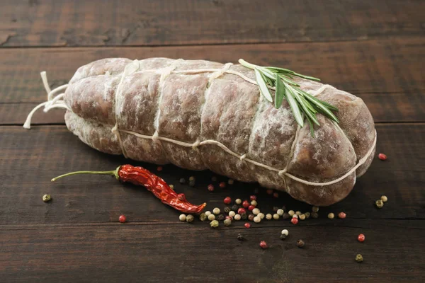 Smoked Sausage Delicacy Salami Pepper Rosemary Wooden Board — Stock Photo, Image