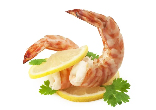 Boiled Tiger Prawns Lemon White Background — Stock Photo, Image