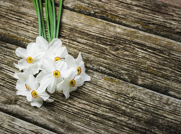 Bouquet Fresh Spring Flowers Daffodils Wooden Background Banner Top View — Stock Photo, Image