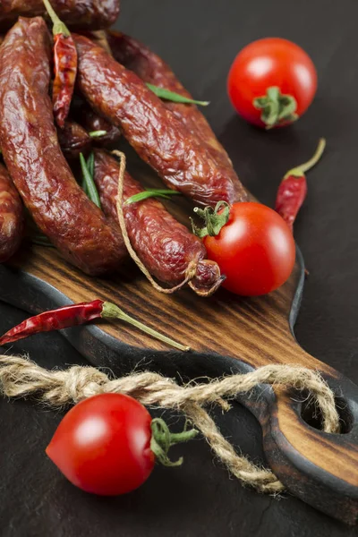 Smoked Sausage Rosemary Pepper Tomatoes Black Background — Stock Photo, Image