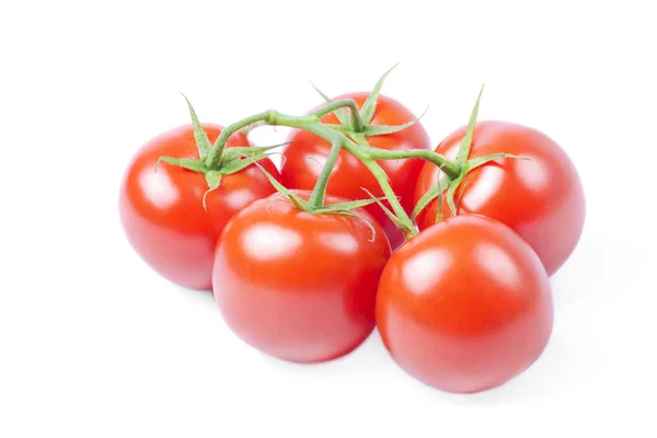 Branch Ripe Red Organic Tomatoes Green Leaves White Background Selective — Stock Photo, Image