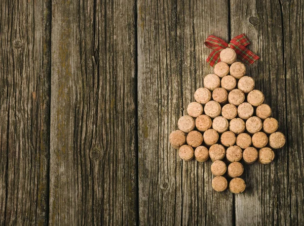 Christmas Tree Made Champagne Corks Copy Space Text Wooden Background — Stock Photo, Image