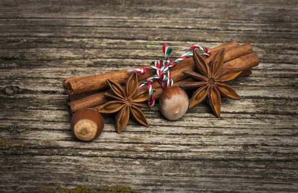 Star Anise Cinnamon Nuts Christmas Time Old Wood Background — Stock Photo, Image