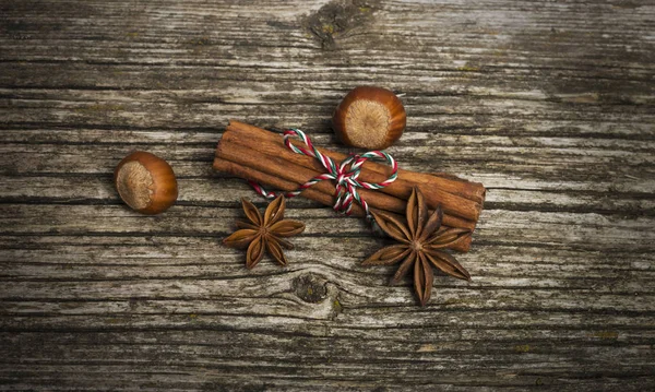 Star Anise Cinnamon Nuts Christmas Time Old Wood Background — Stock Photo, Image