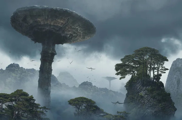 Eine Geheimnisvolle Verlorene Insel Aus Riesigen Pilzen — Stockfoto