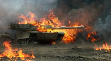 Savaş alanında tank ateş altında.