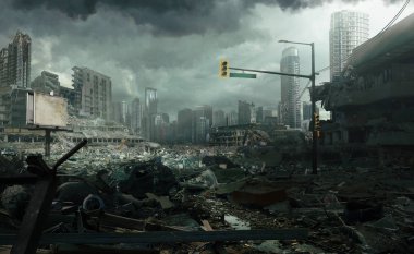 A post apocalyptic deserted city lays beneath a stormy sky.  clipart