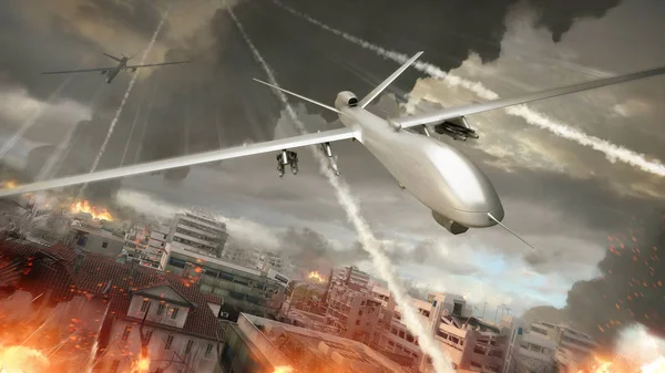 Bir yırtıcı İHA Uav, savaş bölgesinin üzerinde görülmemiş bir hedefe füzeler fırlatıyor..