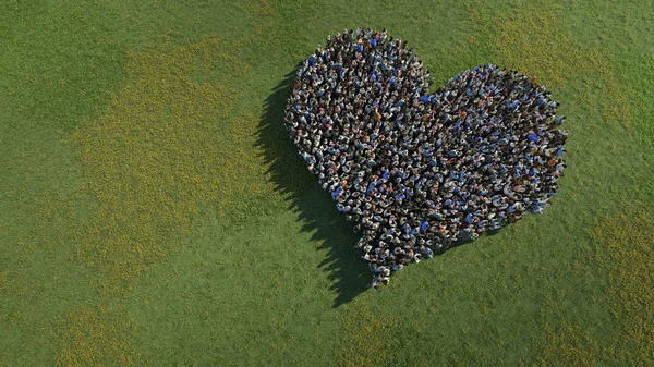 Crowd of people in the shape of a heart.