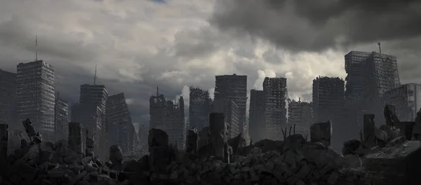 Skeletons Buildings Remain Fallen Civilization Sit Brooding Storm — Stock Photo, Image