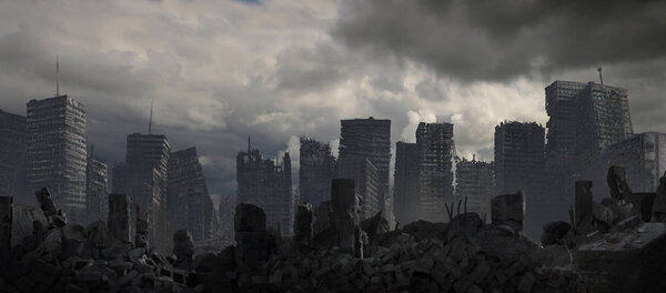 The skeletons like buildings that remain of a fallen civilization sit beneath a brooding storm.