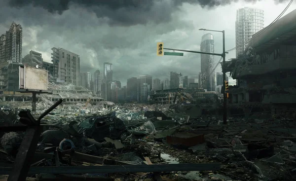 Post Apocalyptic Deserted City Lays Stormy Sky — 图库照片