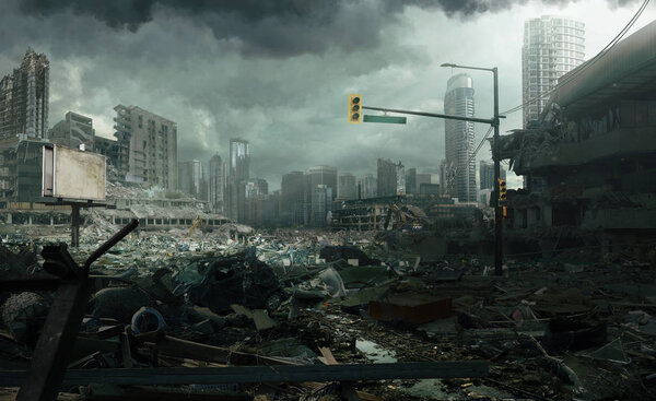 A post apocalyptic deserted city lays beneath a stormy sky.
