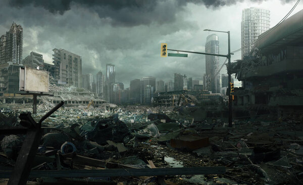 A post apocalyptic deserted city lays beneath a stormy sky. 