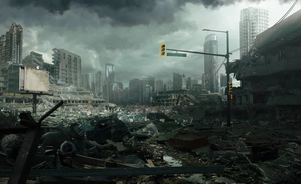 Post Apocalyptic Deserted City Lays Stormy Sky 免版税图库照片