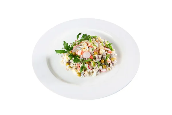 Olivier Salad Radish Beef Isolated Object Copy Space Top View — Stock Photo, Image