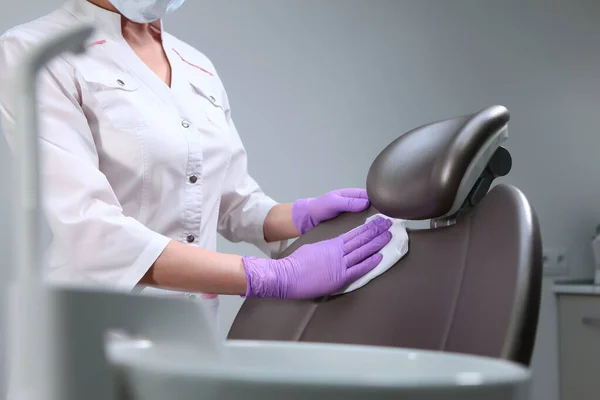 Nurse Prepares Office Receiving Patients Disinfection Dental Office Unrecognizable Photo — Stock Photo, Image