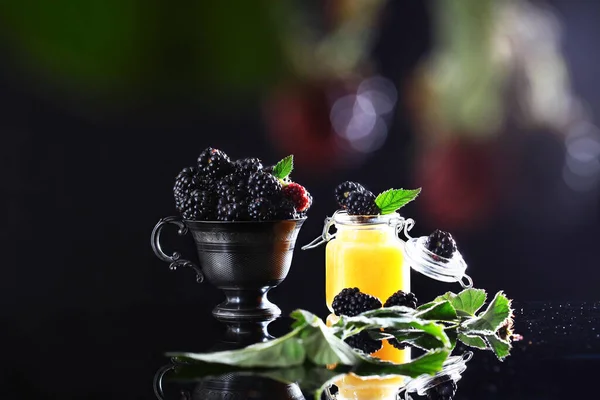 Blackberries Black Metal Cup Jar Honey Black Background Copy Space — Stock Photo, Image