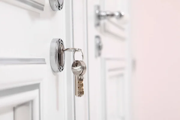 Anahtar deliğinde bir sürü anahtar var. Beyaz kapı. Mekanı kopyala. Yeni konut kavramı. Ev sıcaklığı..