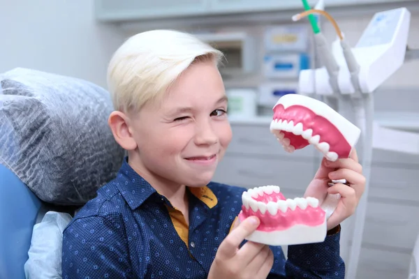 A boy with a mock-up of teeth in his hands winks with one eye. The layout of the teeth is out of focus. Reception at the children's dentist. The boy learns to brush his teeth correctly.