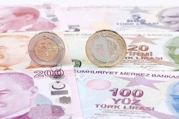 Turkish Lira Coins Background Banknotes — Stock Photo, Image