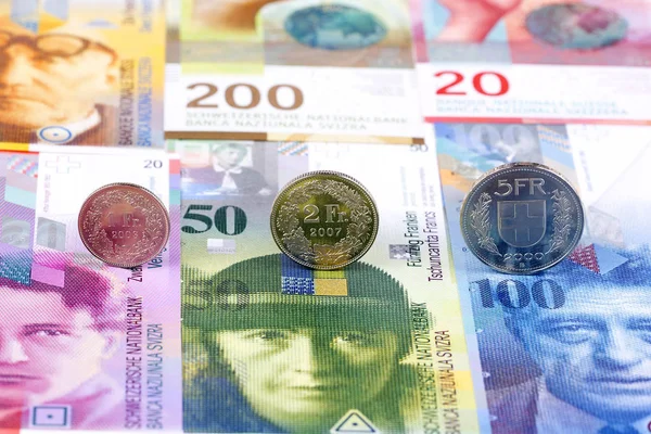 Monedas Del Franco Suizo Fondo Los Billetes —  Fotos de Stock