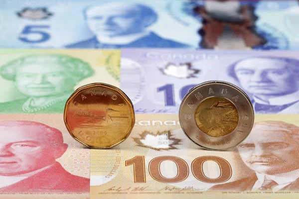 Monedas Del Dólar Canadiense Fondo Los Billetes — Foto de Stock