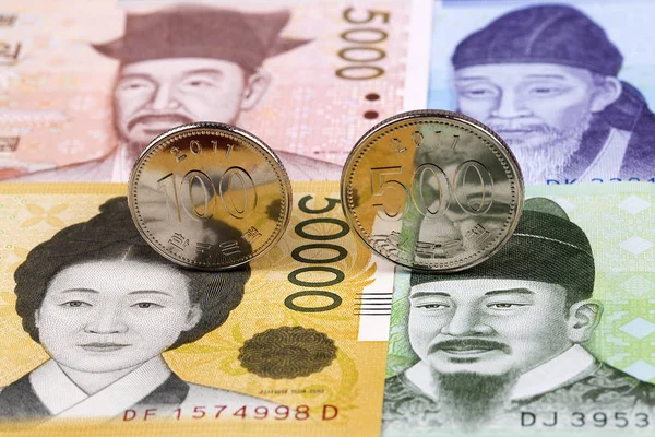 South Korean Won Coins Background Banknotes — Stock Photo, Image