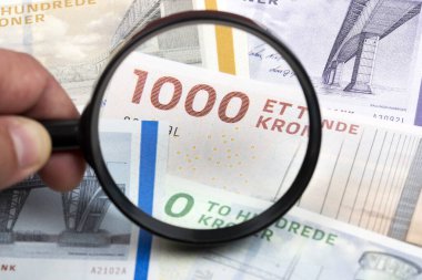 Büyüteçteki Danimarka parası bir iş geçmişi.