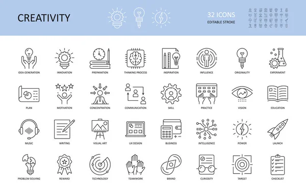 Conjunto Ícones Criatividade Vetorial Curso Editável Ideia Geração Preparação Inspiração —  Vetores de Stock