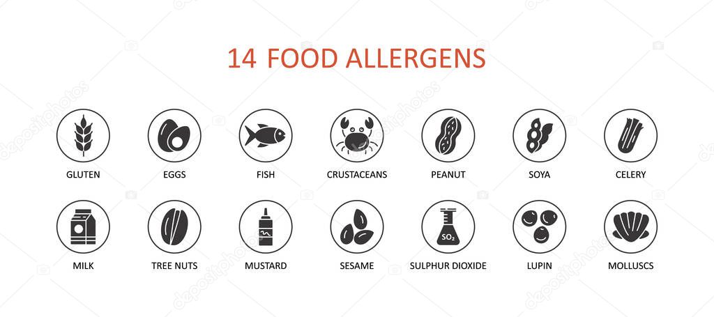 Food allergens set icons. Glyph vector infographic banner. Gluten free eggs fish clams soy mustard. Milk lupine celery peanuts nuts sesame sulphur dioxide crustaceans.