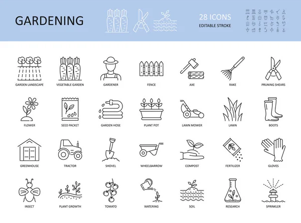 Vector Set Van Tuinieren Pictogrammen Bewerkbare Stroke Plant Bloemverzorging Landbouw — Stockvector