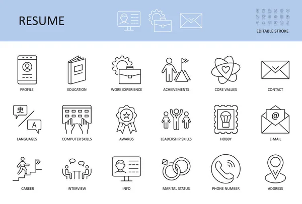 Hervat Iconen Aanpasbare Slagvectorset Omvat Profiel Werkervaring Onderwijs Kernwaarden Prestaties — Stockvector