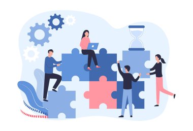 Genç profesyonellerden, müteahhitlerden, pazarlamacılardan oluşan bir takımda kavramsal çalışma. Erkekler ve kadınlar birlikte çalışırken bulmaca çözerler. Programcılar, destek servisi. Beyaz arkaplanda düz vektör illüstrasyonu.