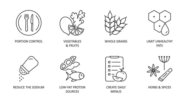 Hart Gezonde Dieet Pictogrammen Bewerkbare Stroke Portie Controle Groenten Fruit — Stockvector