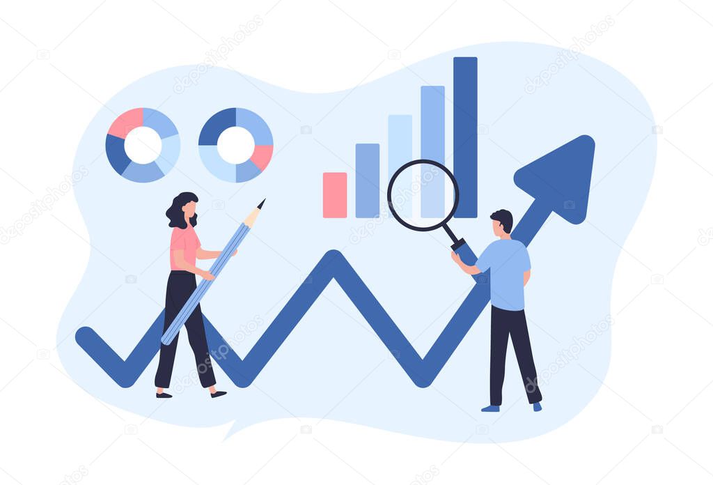 Concept of web analytics, search engine optimization. The team of merchants analyzes sales, visitors, increases efficiency. A woman with a pencil, a man with a magnifying glass. Flat vector illustr