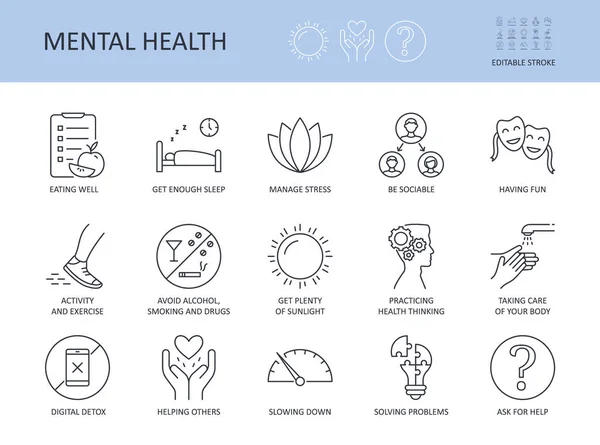 Iconos Mejores Consejos Para Una Buena Salud Mental Derrame Cerebral — Vector de stock
