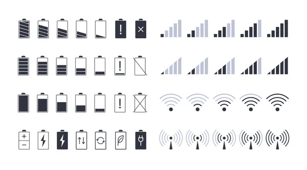 Batarya ve kablosuz bağlantı ikonları. Düzenlenebilir felç. Akıllı telefon şarjı ve batarya kapsama alanı vektör simgeleri. Elektronik aygıt ve mobil internetin güç ölçeğindeki siyah elementler.