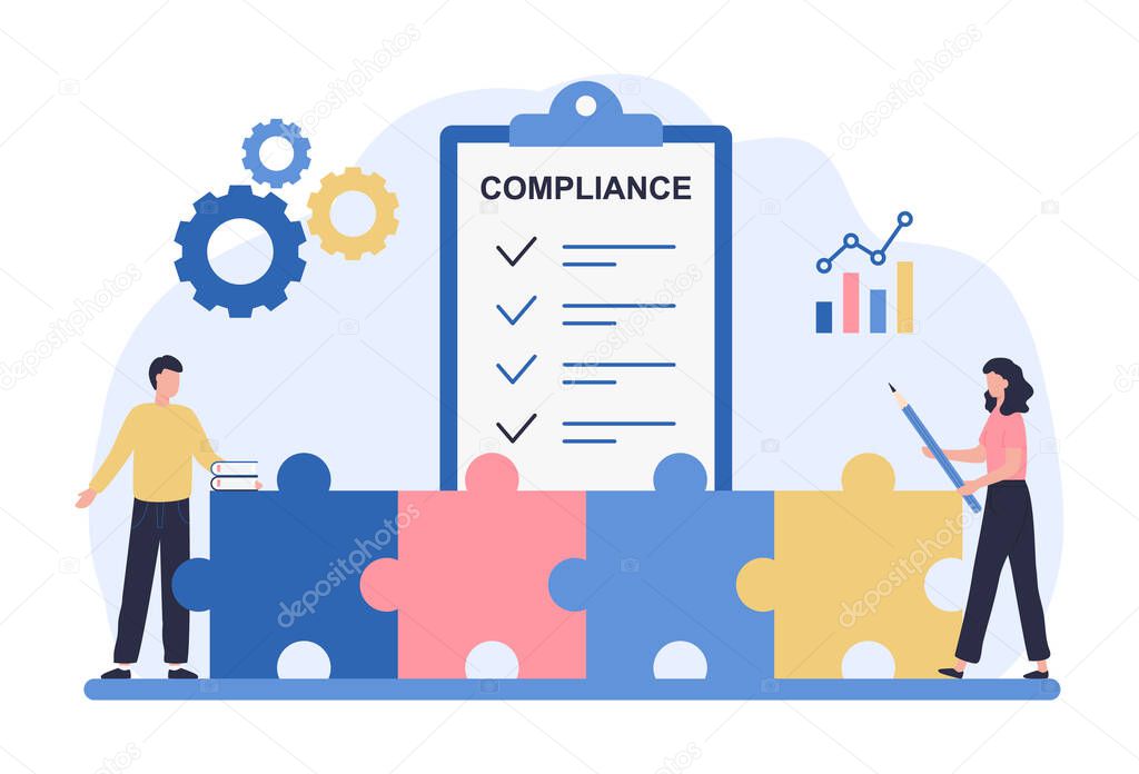 Regulatory compliance concept. Business people read laws, discuss changes, plan the implementation of rules and the development of the company. Flat vector illustration isolated on white background.