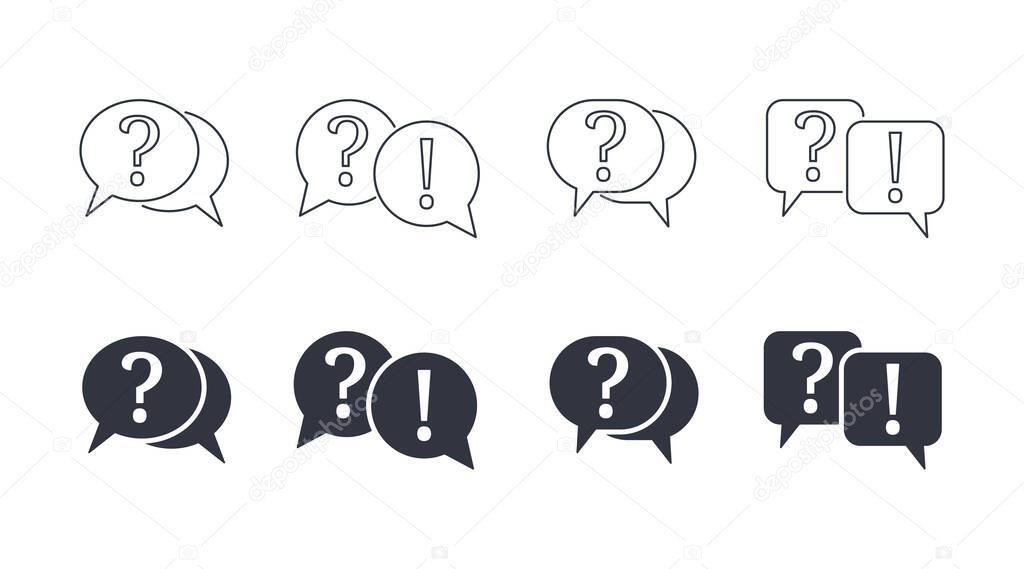 Vector questions answer icons. Question and exclamation mark. Linear filled marks editable strokes. Q and A speech bubble symbols. Support solution assistant FAQ chat.