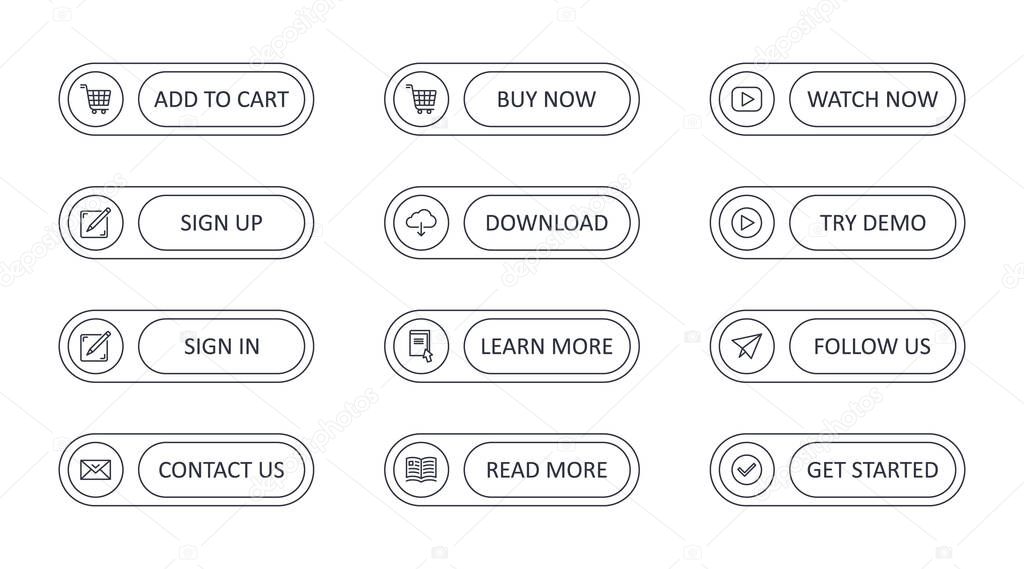 Vector call to action buttons with icons. Add to cart get started watch now. Read more learn more. Contact us follow us download icon. Try demo sign in sign up buy now. Editable stroke.