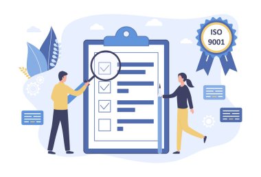 Vektör kalite kontrol kavramı. İş adamları ISO 9001 uyarınca kaliteli bir ürünü onaylıyor ve onaylıyorlar. Mühür onayı yönetim üretim servisi. Beyaz arkaplanda düz resimleme.