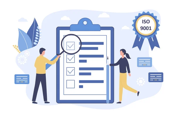 Vektör kalite kontrol kavramı. İş adamları ISO 9001 uyarınca kaliteli bir ürünü onaylıyor ve onaylıyorlar. Mühür onayı yönetim üretim servisi. Beyaz arkaplanda düz resimleme.