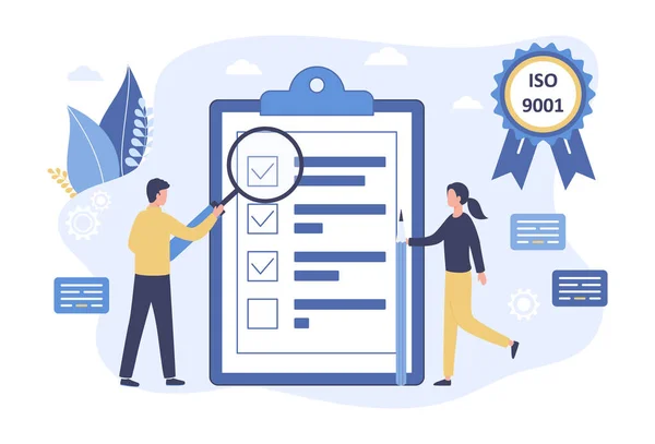 Concept Contrôle Qualité Vectoriel Les Gens Affaires Confirment Certifient Produit — Image vectorielle