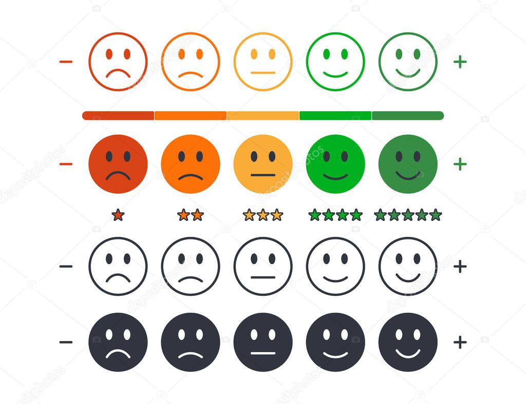 Vector emoticons for rating survey, customer reviews. Set of moods from angry to happy. Round colored black editable stroke icons. Satisfaction scale, stars excellent, good, normal, bad, awful.