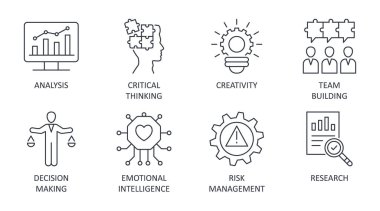 İkonların düzeltilebilir vuruşları çözmede sorun. Yaratıcılık analizi. Kritik düşünce. Duygusal zeka geliştirme, risk yönetimi kararı. Beyaz arka planda vektör hisse senedi çizimi