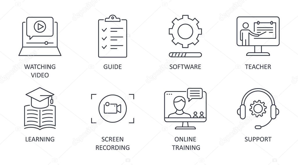 Video tutorial line icons. Vector set editable stroke. Learning lesson watching video guide. Software screen recording teacher online training support.